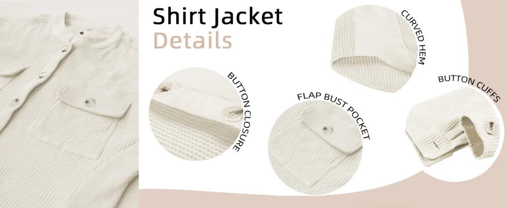 Women's Loose Fit Batwing Sleeve Waffle Knit Button Down Shirt Shacket Tops