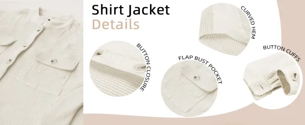 Women's Loose Fit Batwing Sleeve Waffle Knit Button Down Shirt Shacket Tops