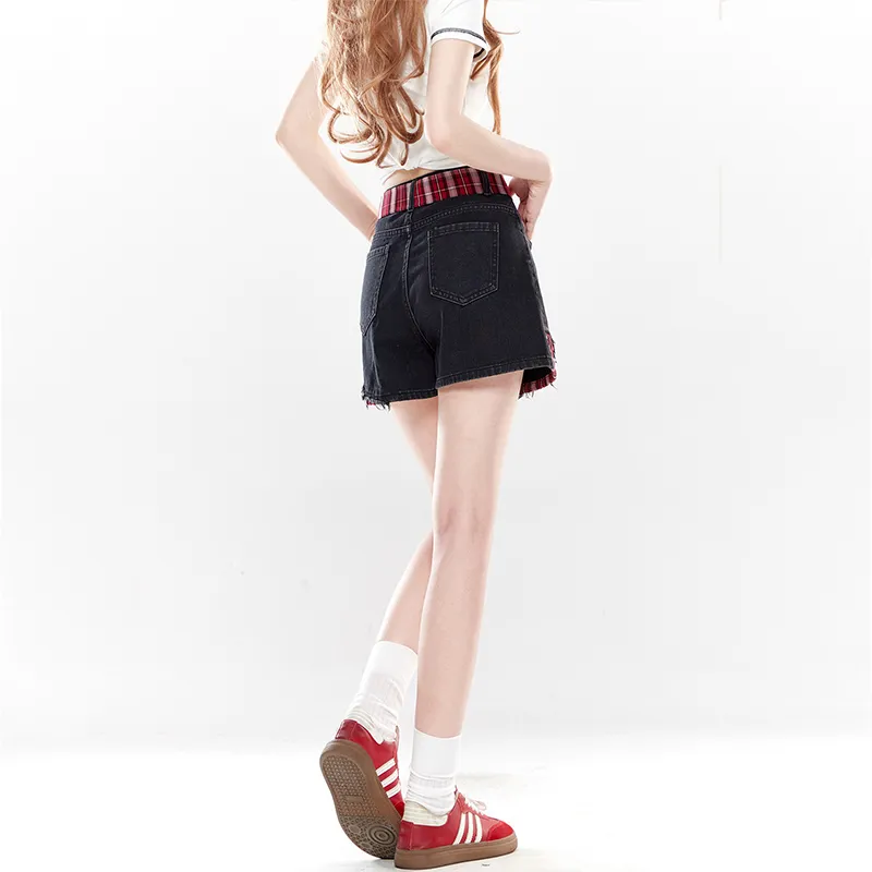 Plaid Bow Detail Denim Shorts