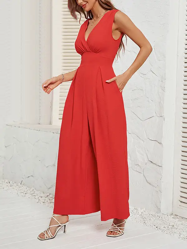 Losse Mouwloze Geplooide Jumpsuits Met Split Joint V