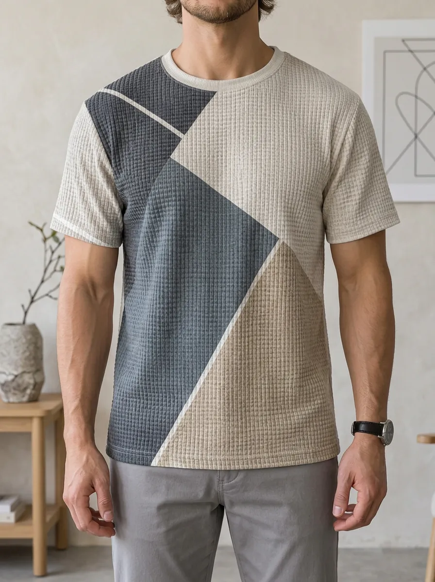 Men's Geometric Colorblock Waffle Knit Essential Crew Neck T-Shirt