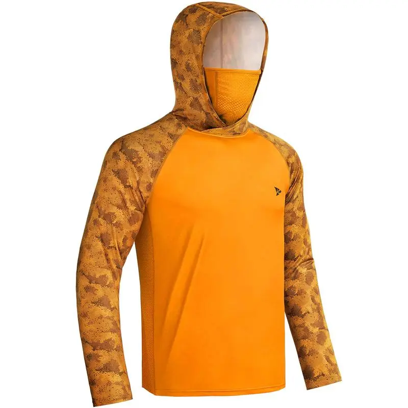 Men UPF 50+ UV Sun Hoodie Shirts with Mask Neck Gaiter  Protection Raglan Long Sleeve Lightweight Quick Dry Moisture Wicking Breathable Cooling Athletic Activewear