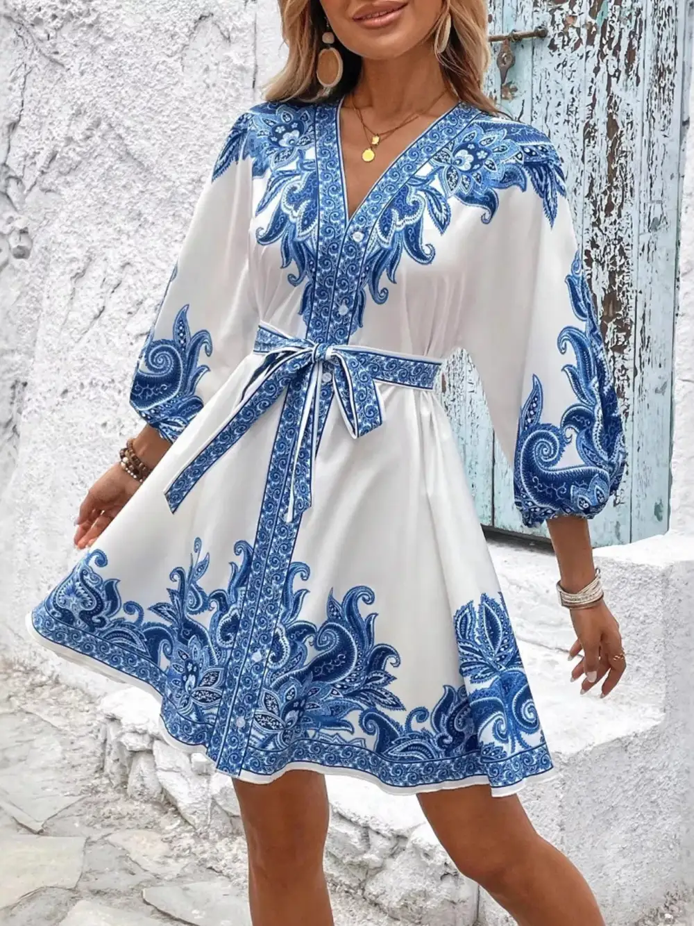 Paisley Print V-neck Belted Mini Dress