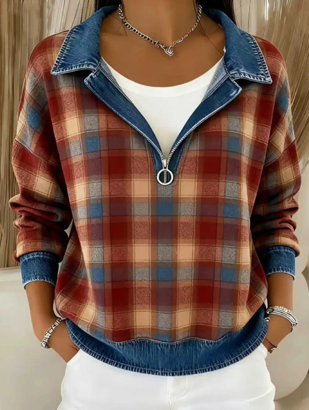 Loose Plaid Hooded Cardigan Sweatshirt