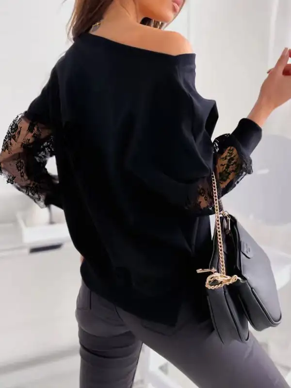 Long Sleeve Relaxed Mesh Panel Detail Round Neck T-Shirt