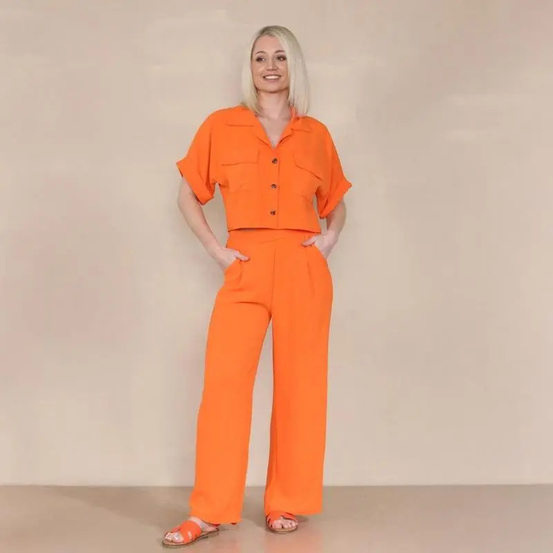 Women's Casual Button Front Flap Pocket Blouse & Wide Leg Trousers Co-ord, Crop Short Sleeve Shirt & High Waist Pants Two-Piece Set
