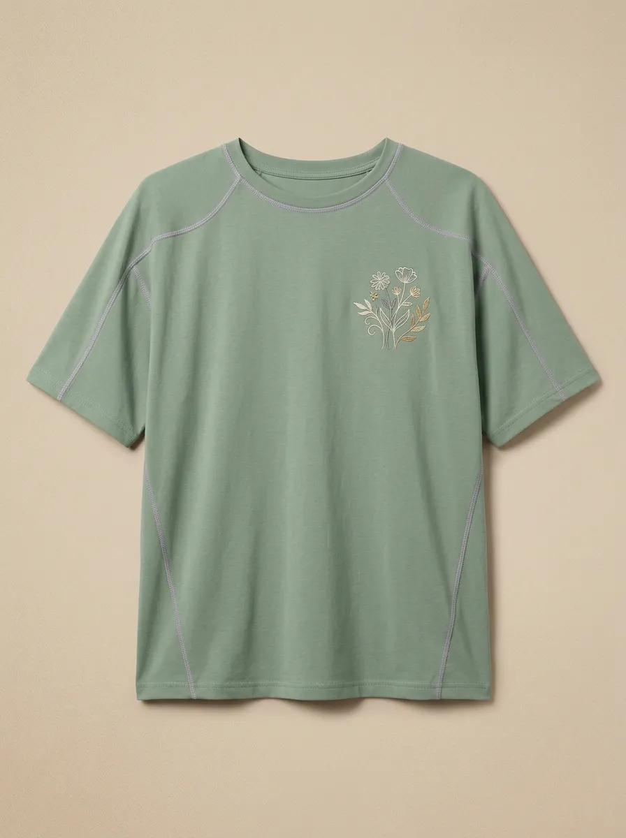 Women's Wildflower Embroidered Contrast-Stitch Raglan T-Shirt