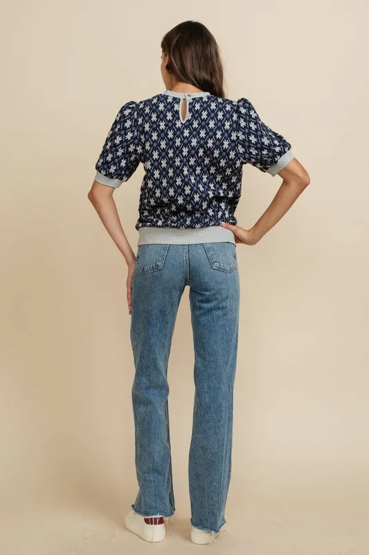 Nordic Star Jacquard Puff Sleeve Knit Top