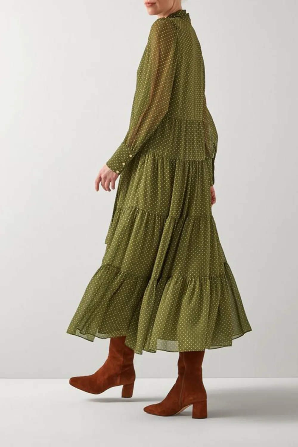 Green Polka Dot Tie Neck Tiered Dress
