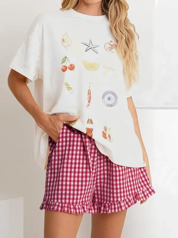 Women's Casual Lounge Sleep Plaid Ruffle Boxer Shorts Pajama Gingham Beach Bottoms Pockets