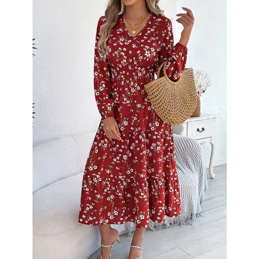Floral Print Long Sleeve V Neck Midi Dress
