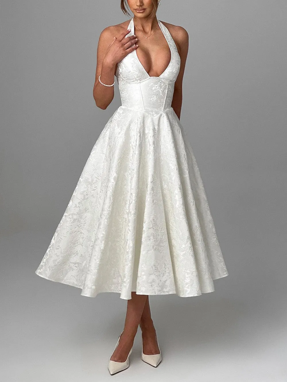 Vintage Elegant Jacquard V Neck Halter Midi Dress