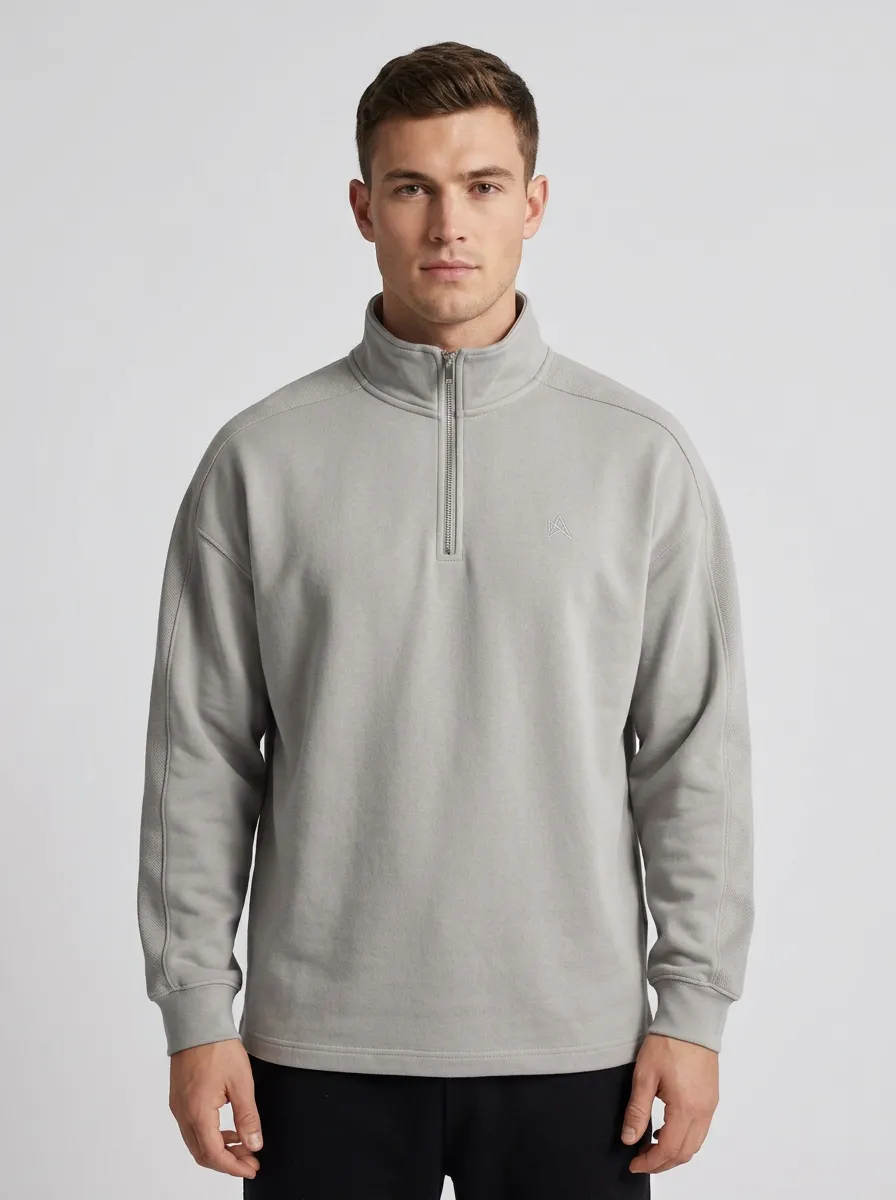 Men's Refined Minimalist Textured Embroidered Emblem Stand-Collar Quarter-Zip Sweatshirt