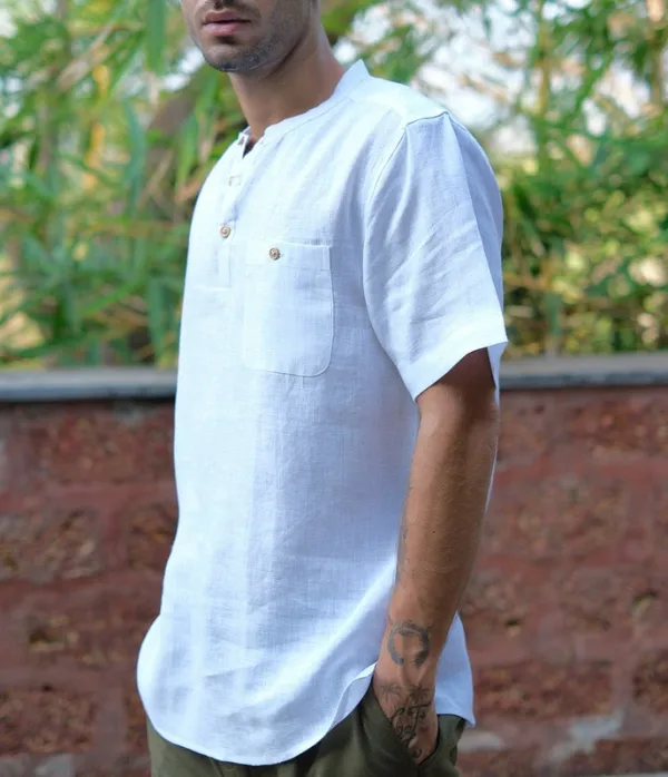 Pearl White Linen Band Collar Shirt