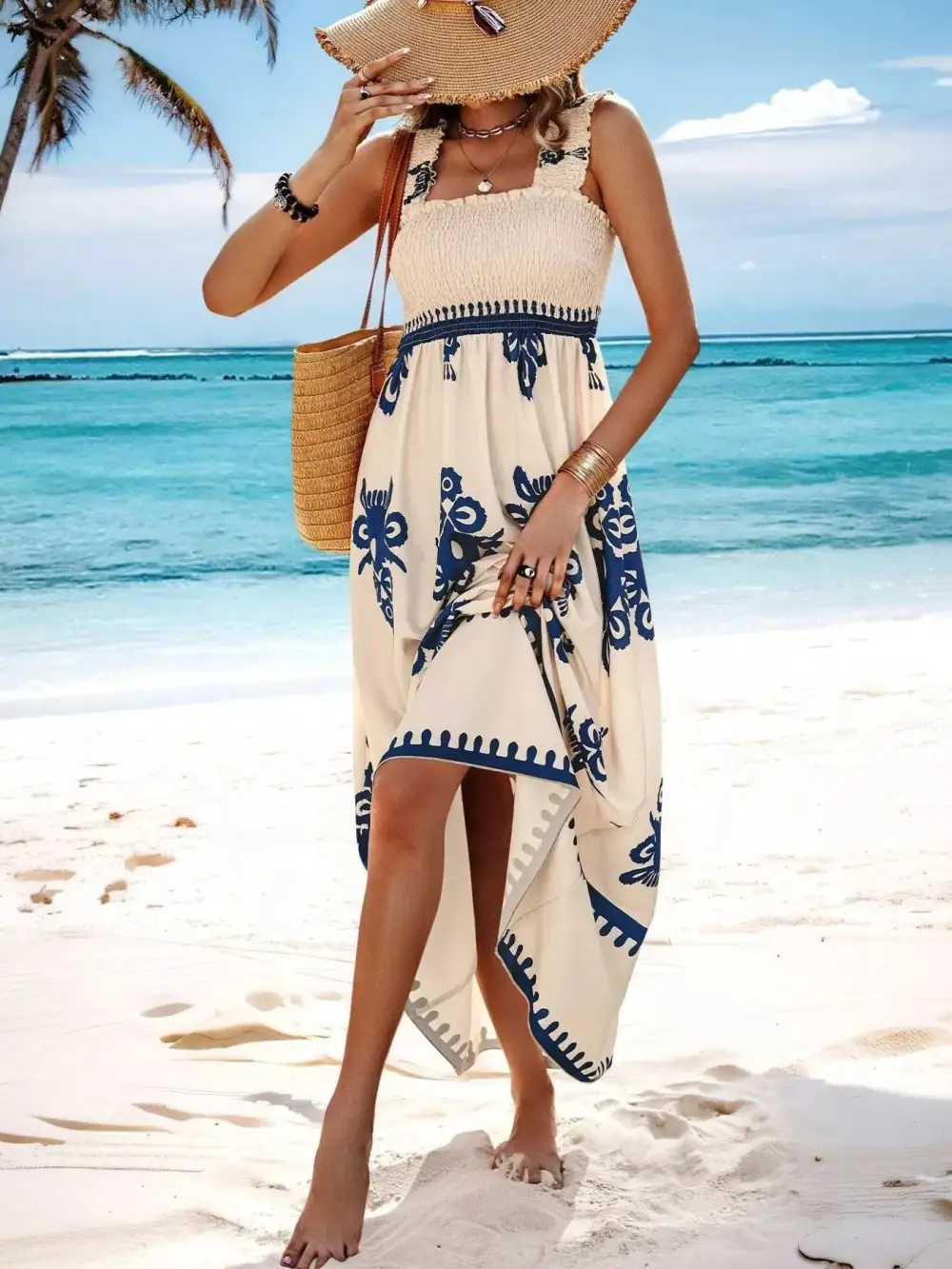 Printed Square Neck Smocked Maxi Dress