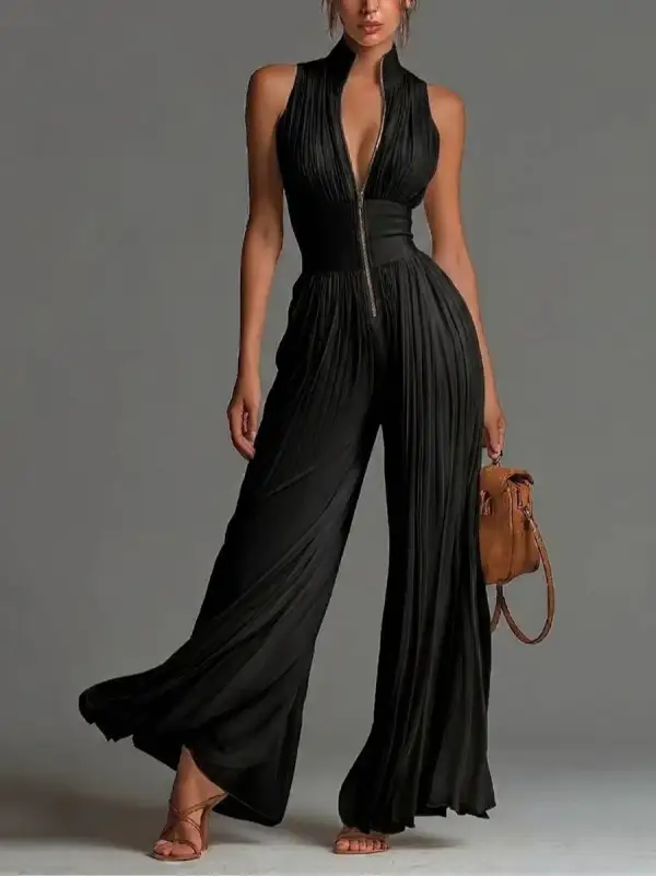 High Waisted Sleeveless Pleated Solid Color Zipper V