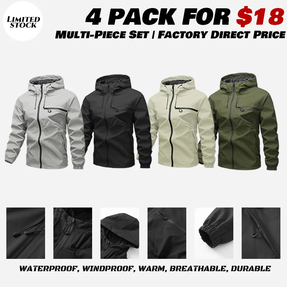 Men's Plain Waterproof Windproof Drawstring Zip Up Hooded Jacket, Casual Long Sleeve Zipper Pocket Design Outerwear for Outdoor Activities, Men's Clothes for All Seasons, Menswear m 65 jacket Stripe Print Baseball Bomber Jacket