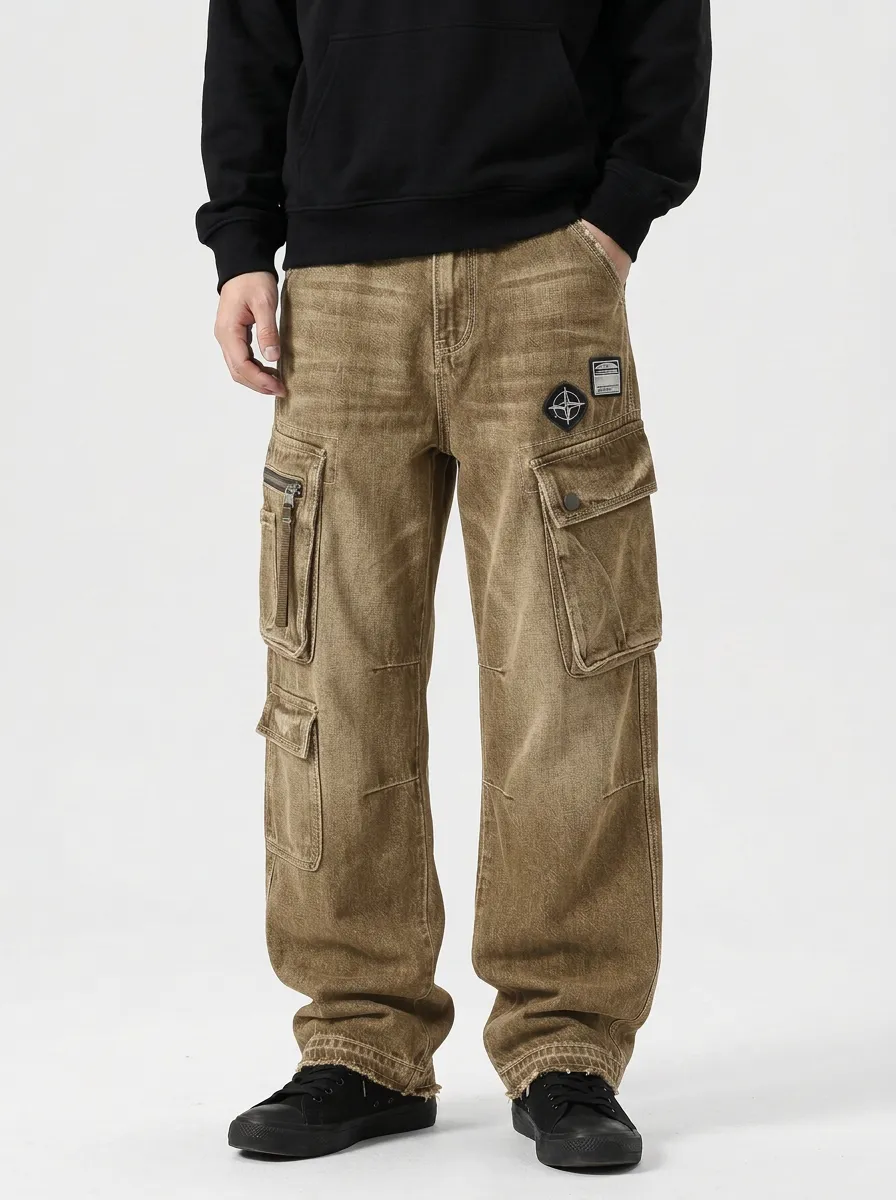 Men's Streetwear Compass Patch Washed Denim Cargo Pants