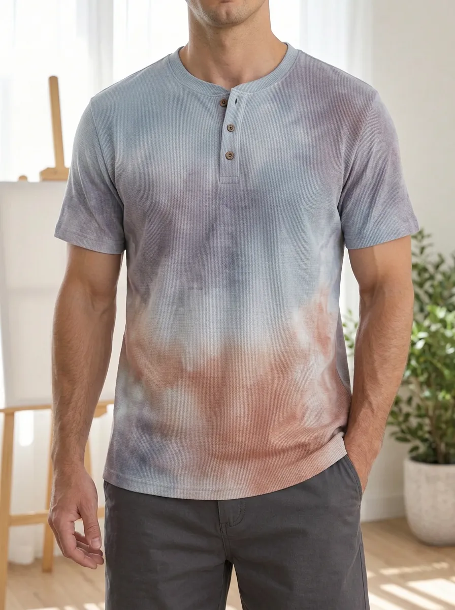 Men's Relaxed Casual Style Tie-Dye Waffle Knit Henley T-Shirt