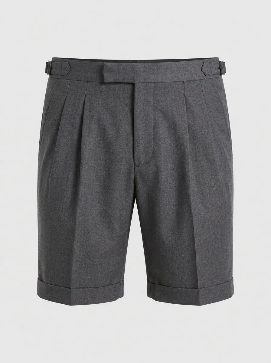 Men's Formal Business Grey Pleated Cuffed Tailored Shorts