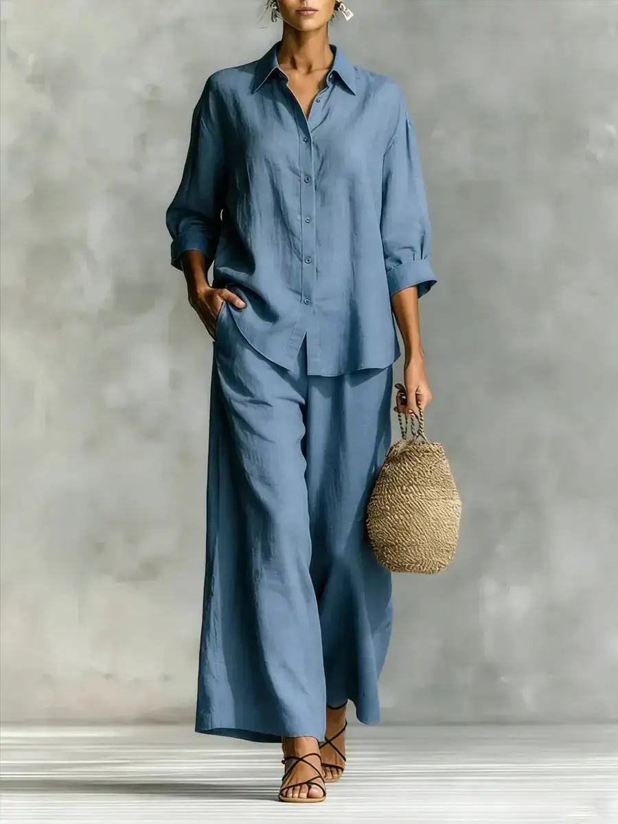 Wide-Leg Button-Up Linen Women's Matching Set
