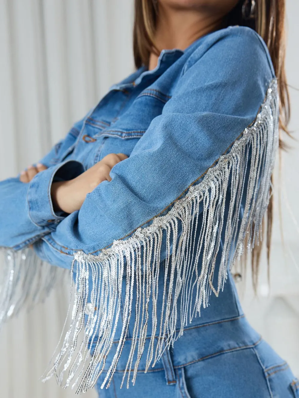 Fringe Half Button Long Sleeve Jumpsuit Denim Pants