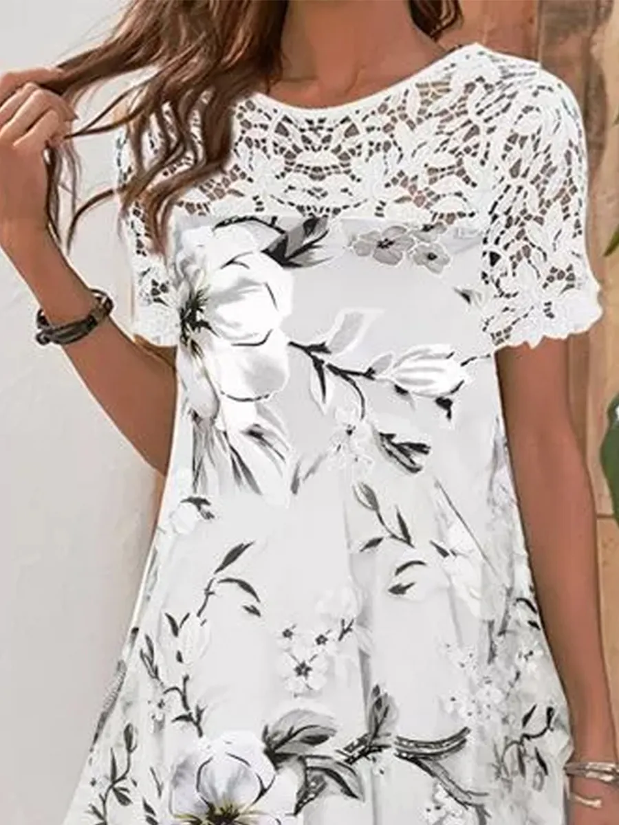 Loose Printed Lace Panel Short Sleeve Dress