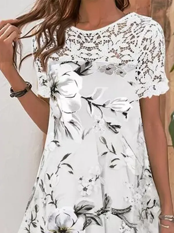 Loose Printed Lace Panel Short Sleeve Dress
