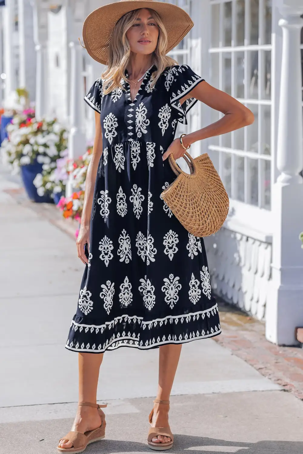 Printed Split Neck Short Sleeve Midi Dress
