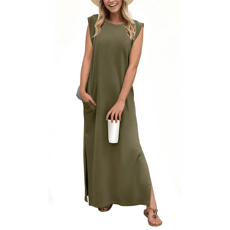 6PACK-Summer Round Neck Casual Loose Split Wrinkle-Free Long  Dress