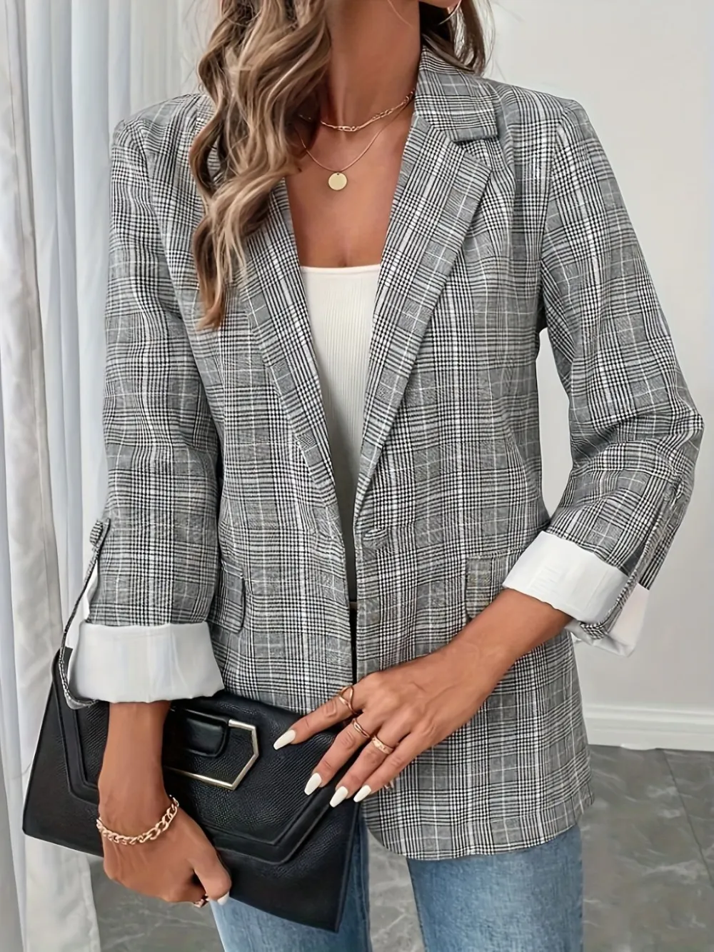 Single-Breasted Lapel-Collar Plaid Blazer