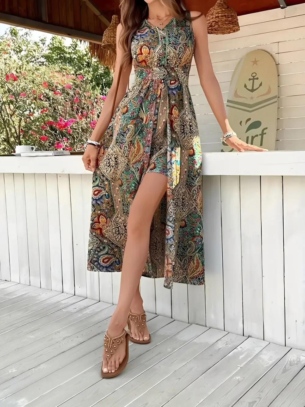 Boho Paisley V-Neck Sleeveless Slit Romper