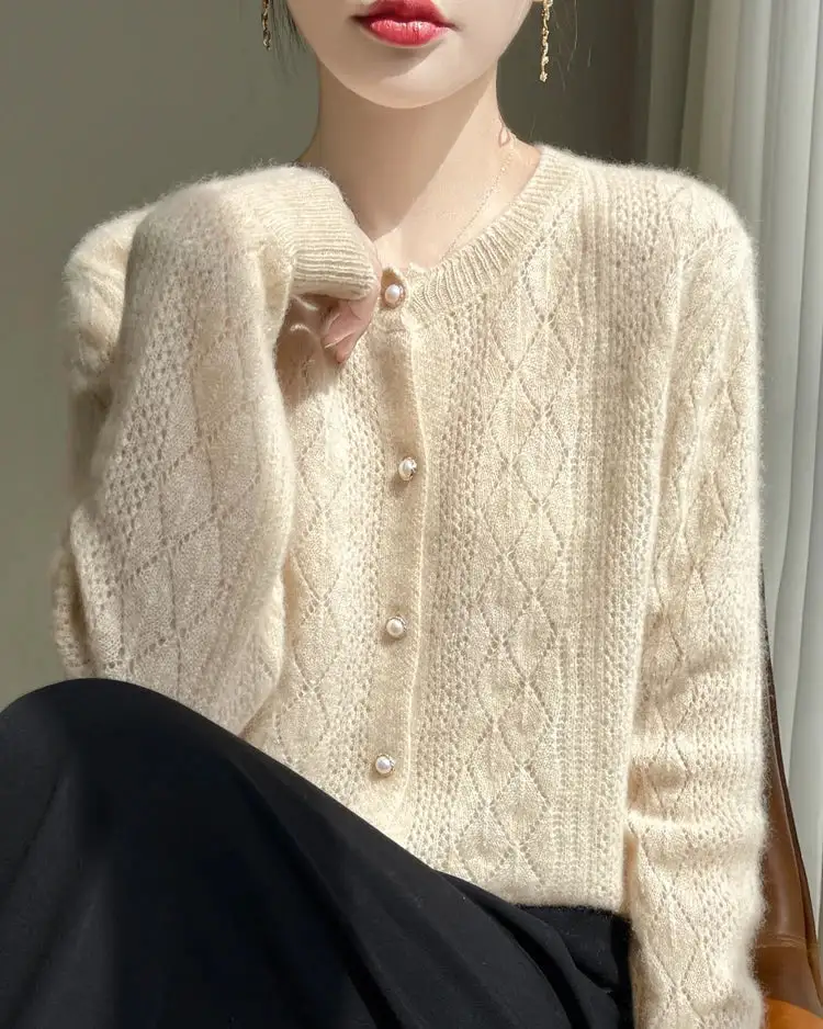 Merino-Wool Wool Pearl-Button Crew-Neck Cardigan