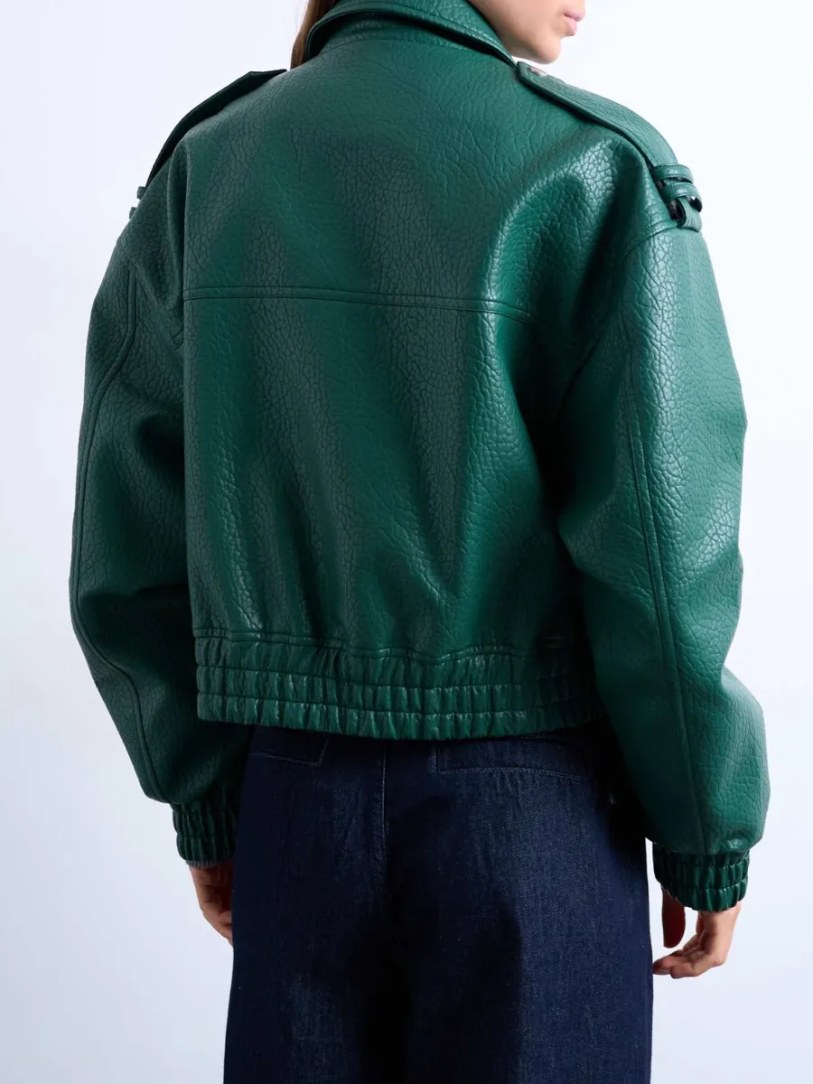 Textured Epaulet Ruched Leather Jacket