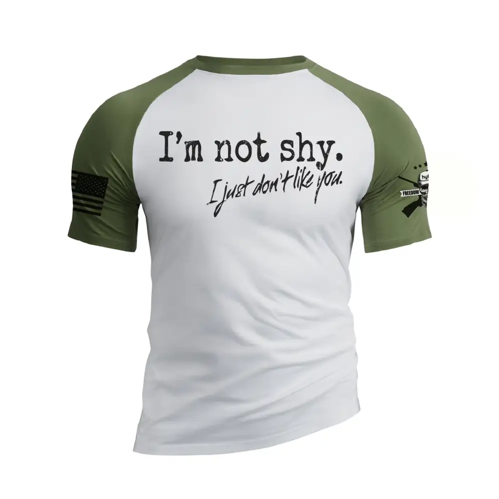 I AM NOT SHY RAGLAN GRAPHIC TEE