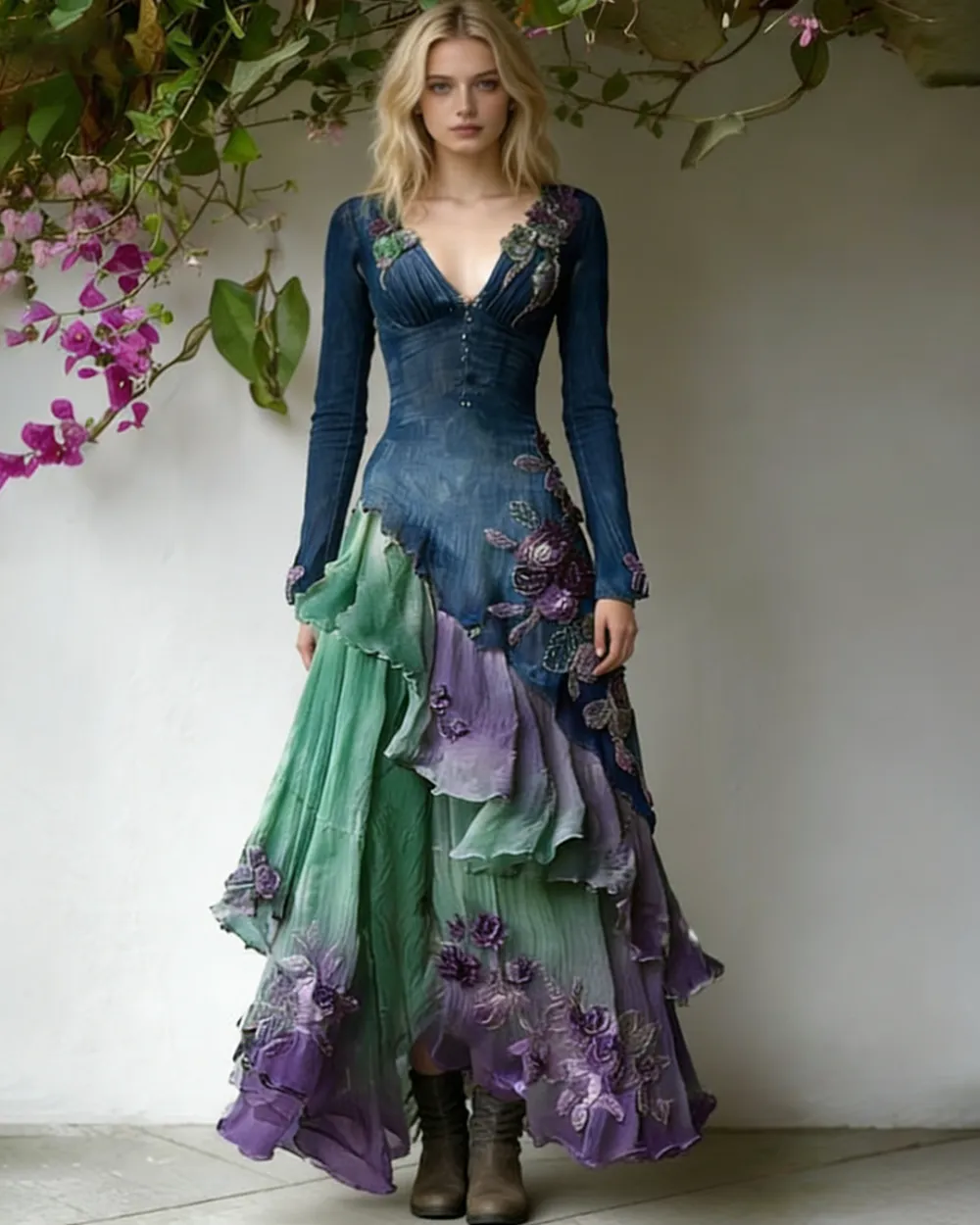 Women's Spring Elegant Flowers Irregular Ruffle Linen Dress