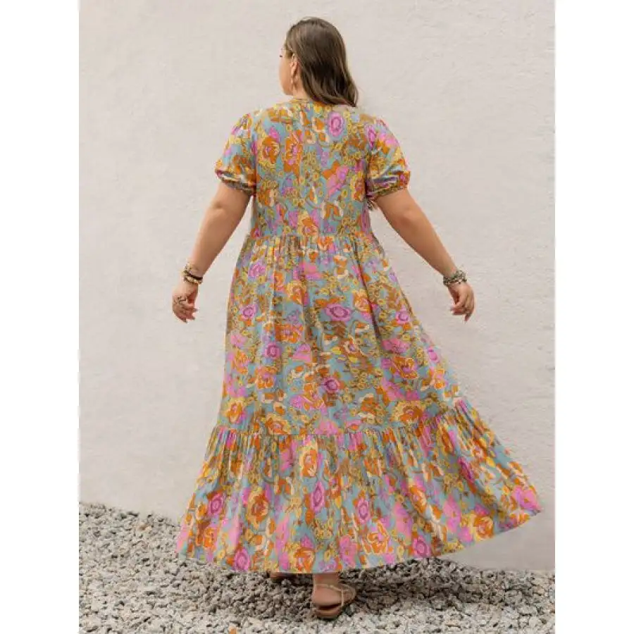 Plus Size Printed V Neck Short Sleeve Maxi Dress
