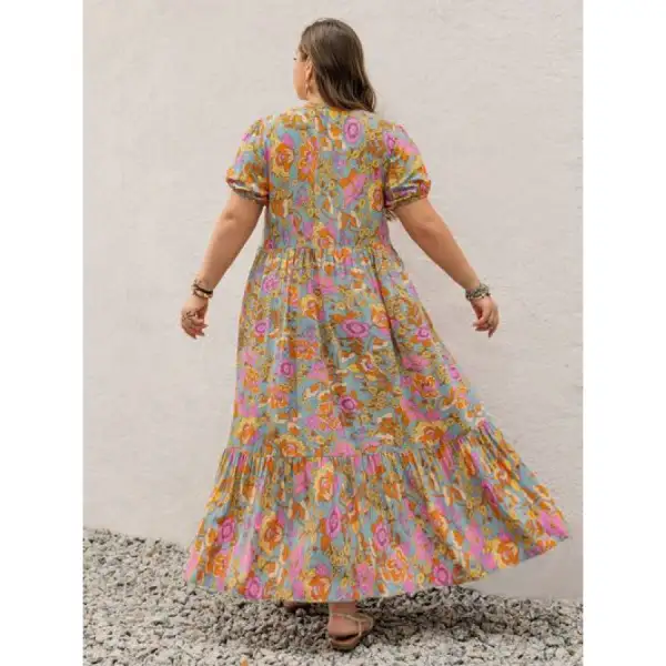 Plus Size Printed V Neck Short Sleeve Maxi Dress