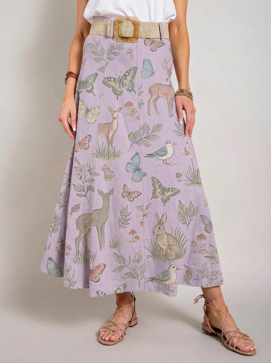 Women's Woodland Nature-Inspired Deer Butterfly Rabbit Printed Midi Skirt