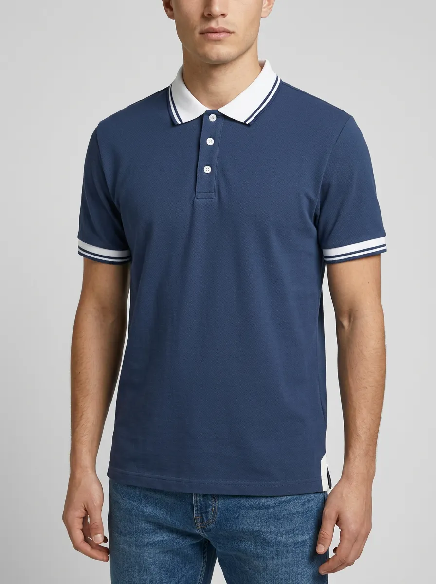 Men's Contrast-Trim Navy Blue Polo Shirt