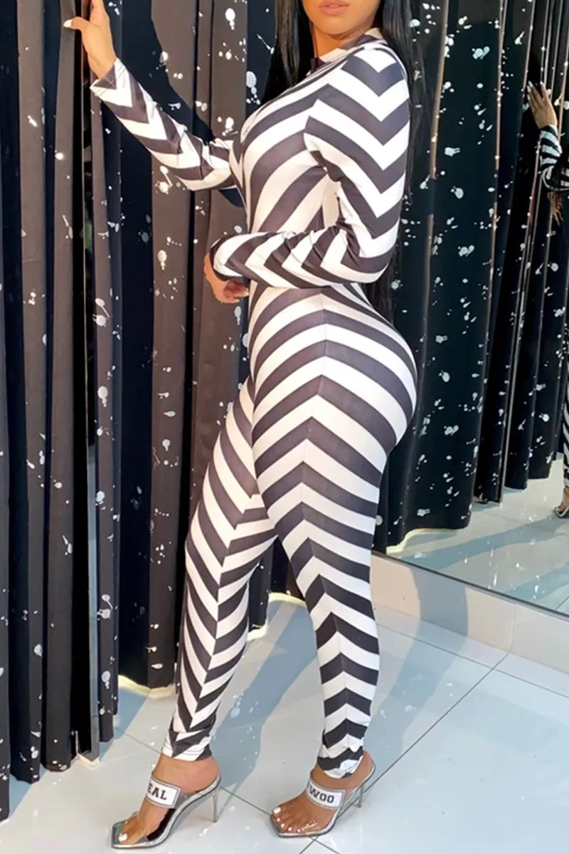 Casual Striped Split Joint Half A Turtleneck Skinny Jumpsuits