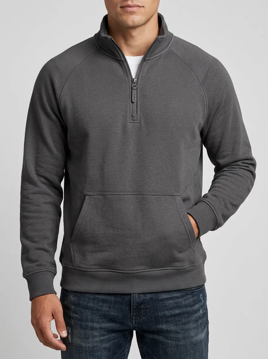 Men's Casual Minimalist Textured Raglan Embroidered Emblem Quarter-Zip Sweatshirt