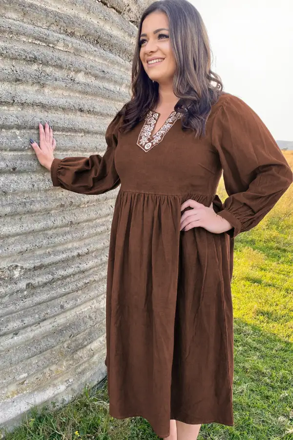 Embroidered Split Neck Pleated Midi Dress