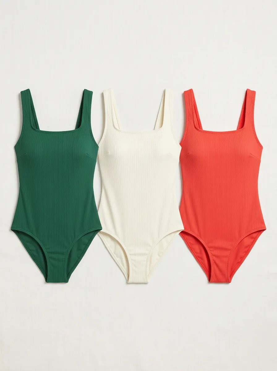 Women's Ribbed Color Square Neck 3 Piece Bathing Suits