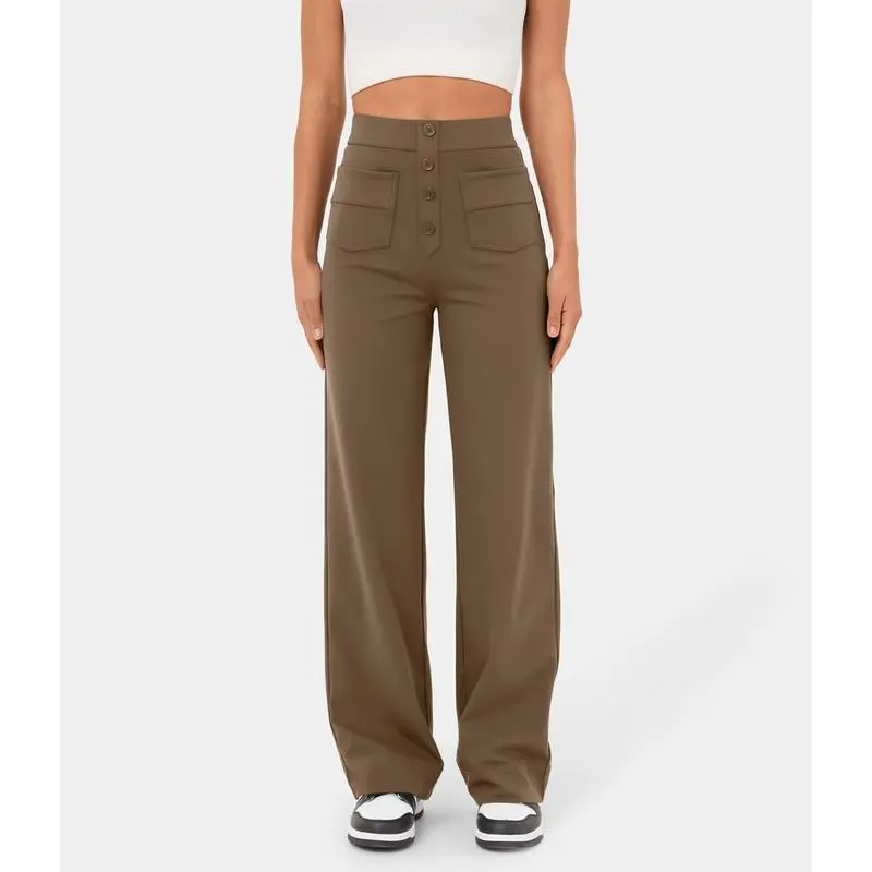 High Waisted Pockets Straight Leg Casual Pants