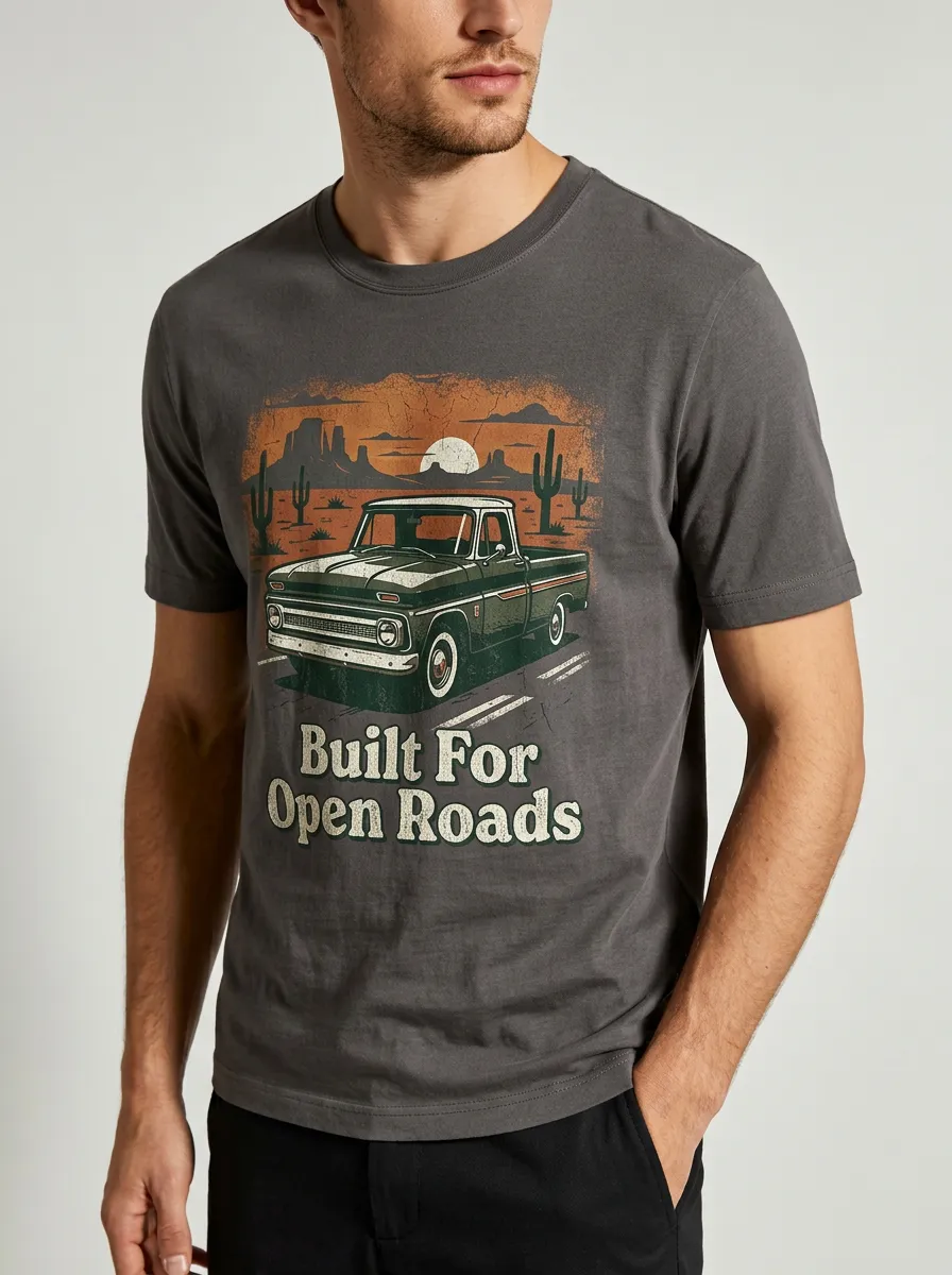Men's Vintage Truck Desert Landscape Built For Open Roads Printed T-shirt