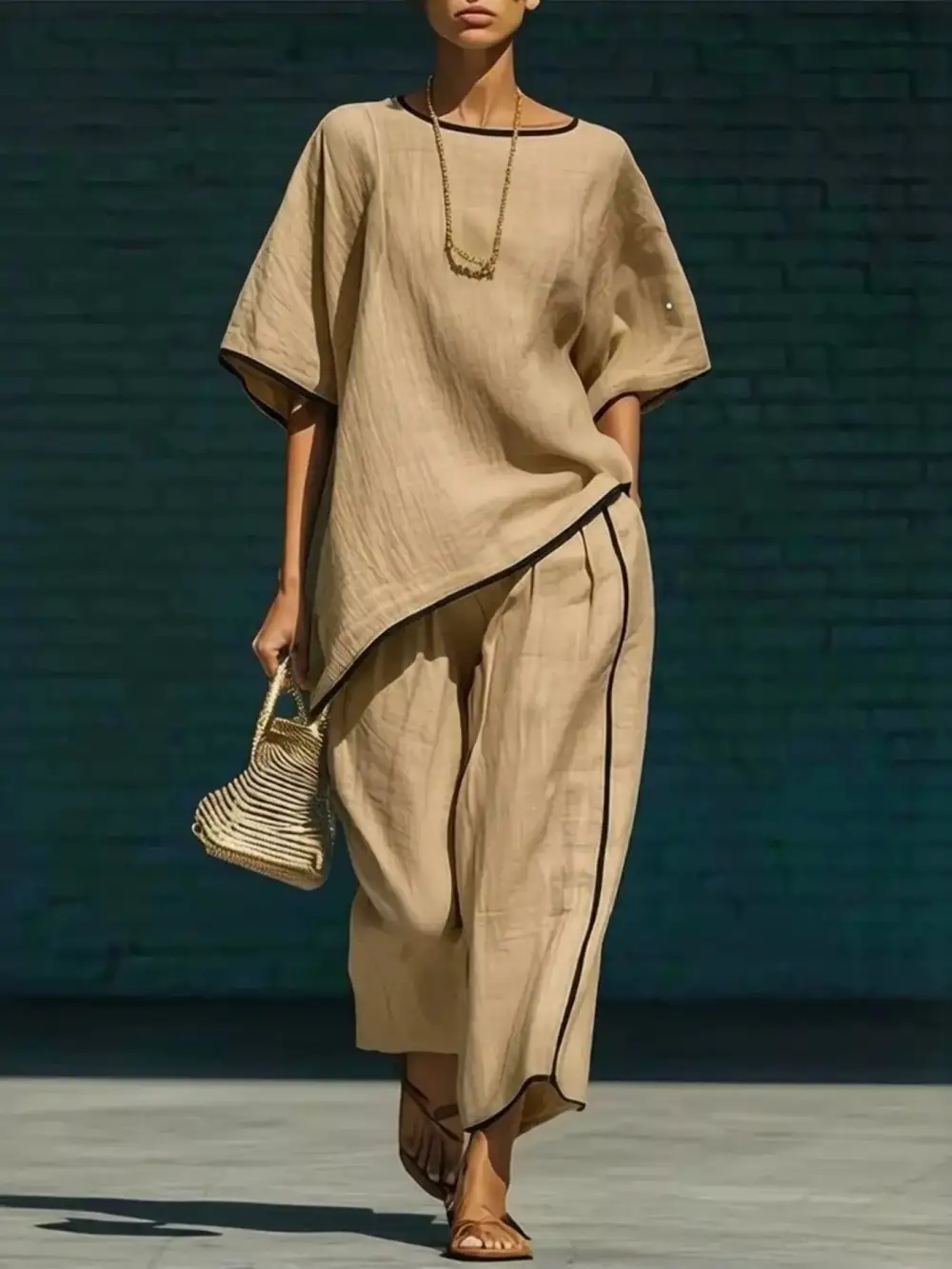Full Size Contrast Trim Half Sleeve Top and Pants