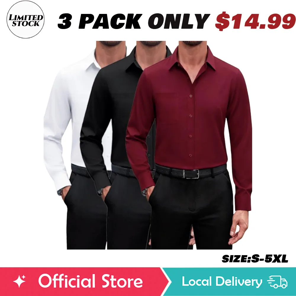 3/6-Pack Men'S Dress Shirts 4-Way Stretch Long Sleeve Collared Solid Wedding Dating Button Down Shirts Casual Breathable Outfits Menswear