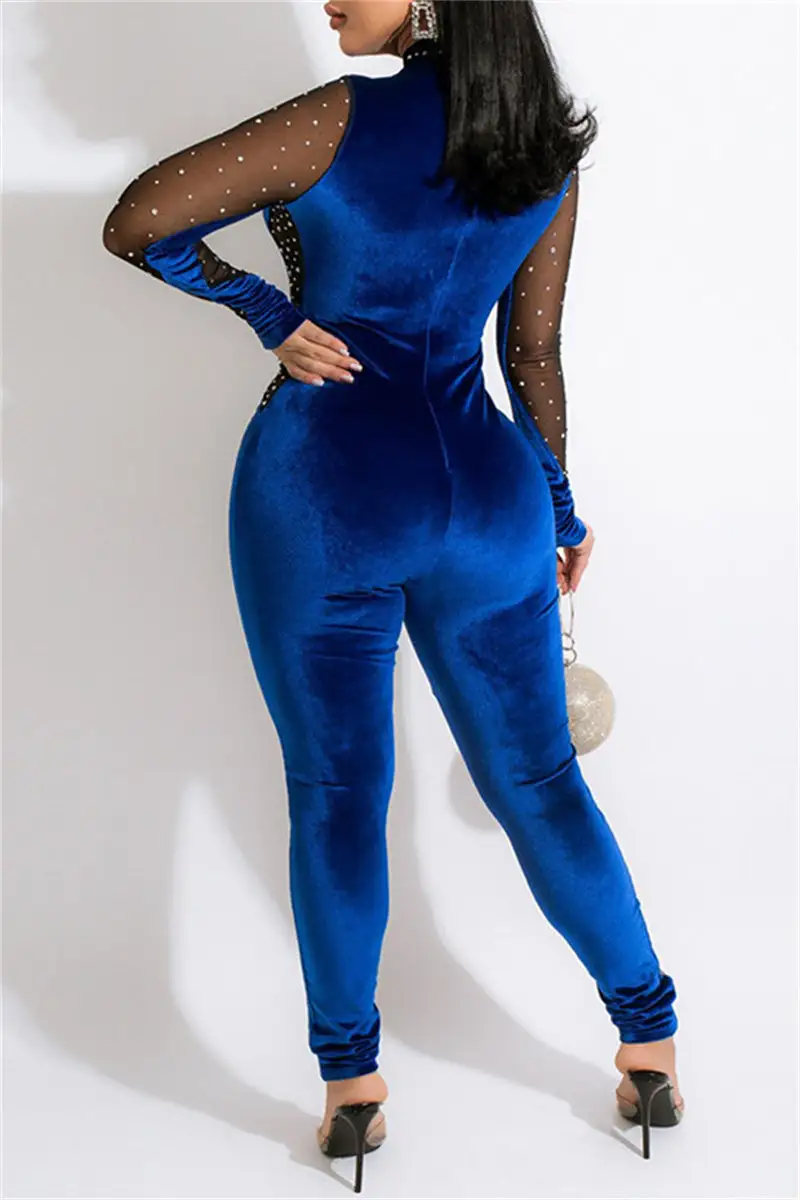 Fashion Sexy Patchwork Hot Drilling See-through Half A Turtleneck Skinny Jumpsuits