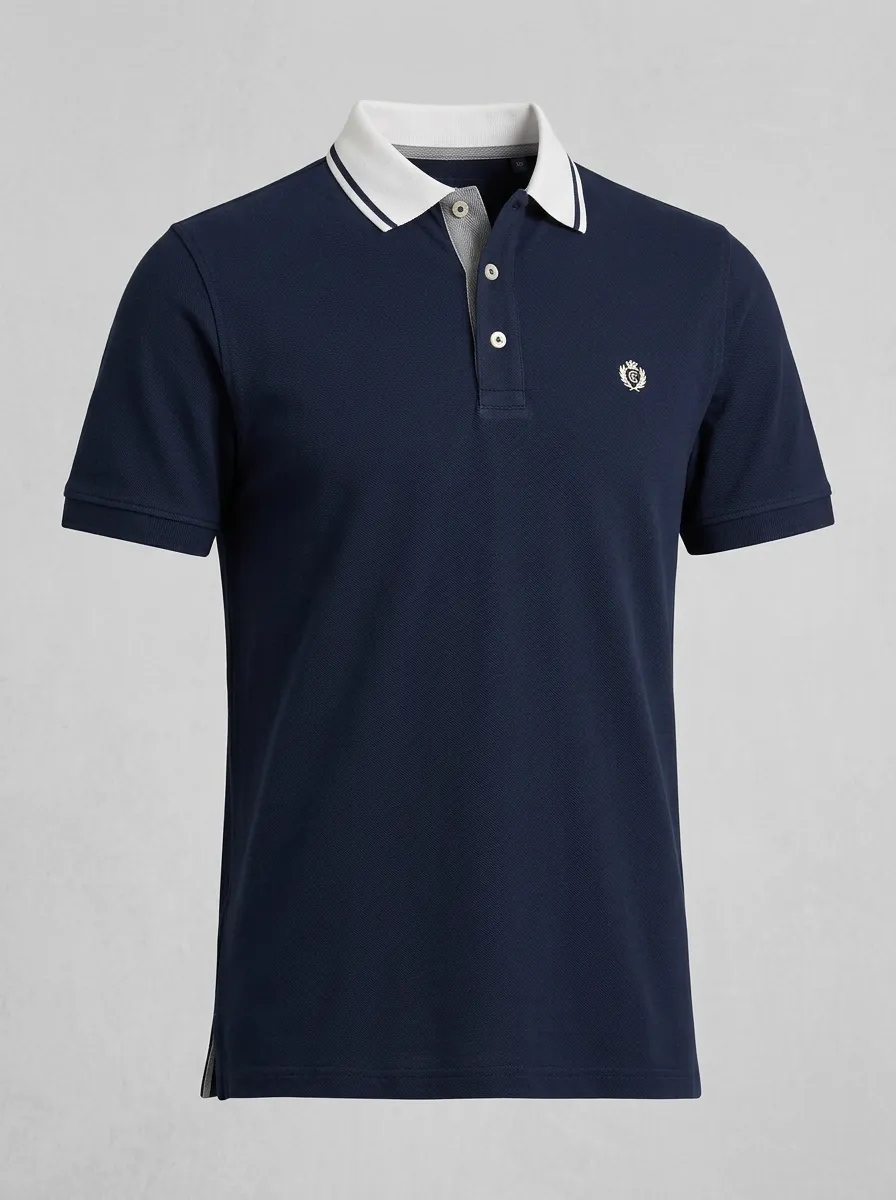 Men's Knit Ribbed Textured Contrast-Collar Crest-Emblem Embroidered Polo Shirt